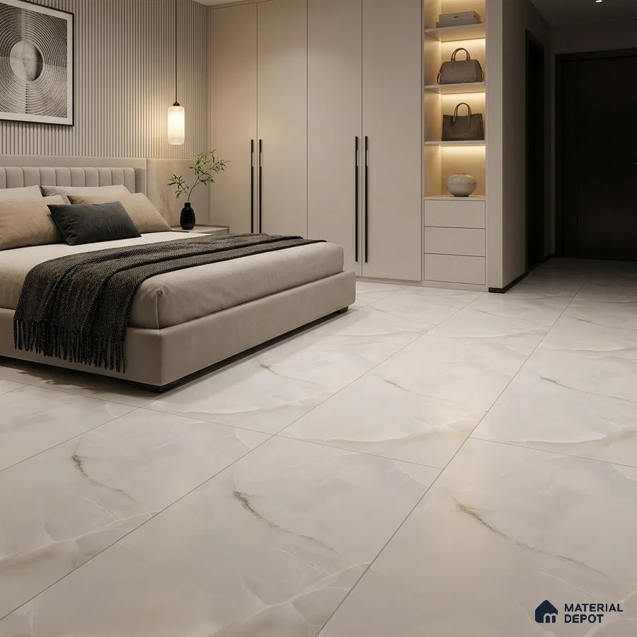 Modern Bedroom with Ivory Onyx-Look Marble Floor Tile
