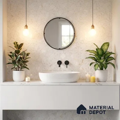 Minimalist bathroom with geometric white wall tiles and white marble countertop
