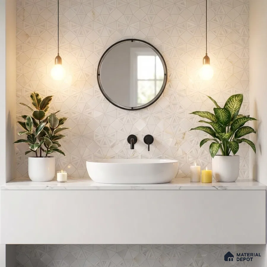 Minimalist bathroom with geometric white wall tiles and white marble countertop