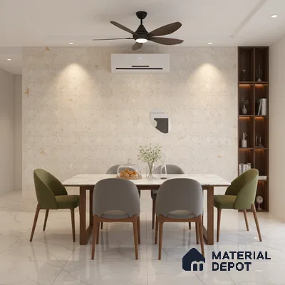 Modern dining room with marble floor tiles, geometric beige wall tiles, and wooden dining table