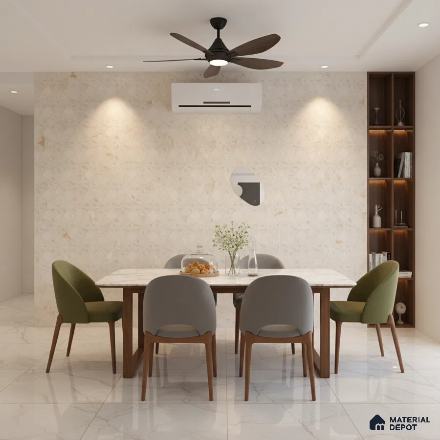 Modern dining room with marble floor tiles, geometric beige wall tiles, and wooden dining table