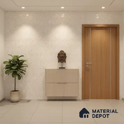 Minimalist foyer with light wood laminate console, geometric white wall tiles, and beige floor tiles