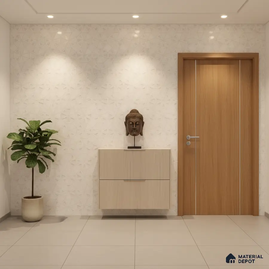 Minimalist foyer with light wood laminate console, geometric white wall tiles, and beige floor tiles