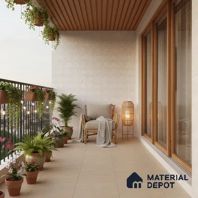Scandinavian balcony with beige floor tiles, wooden ceiling panels, and patterned wall tiles