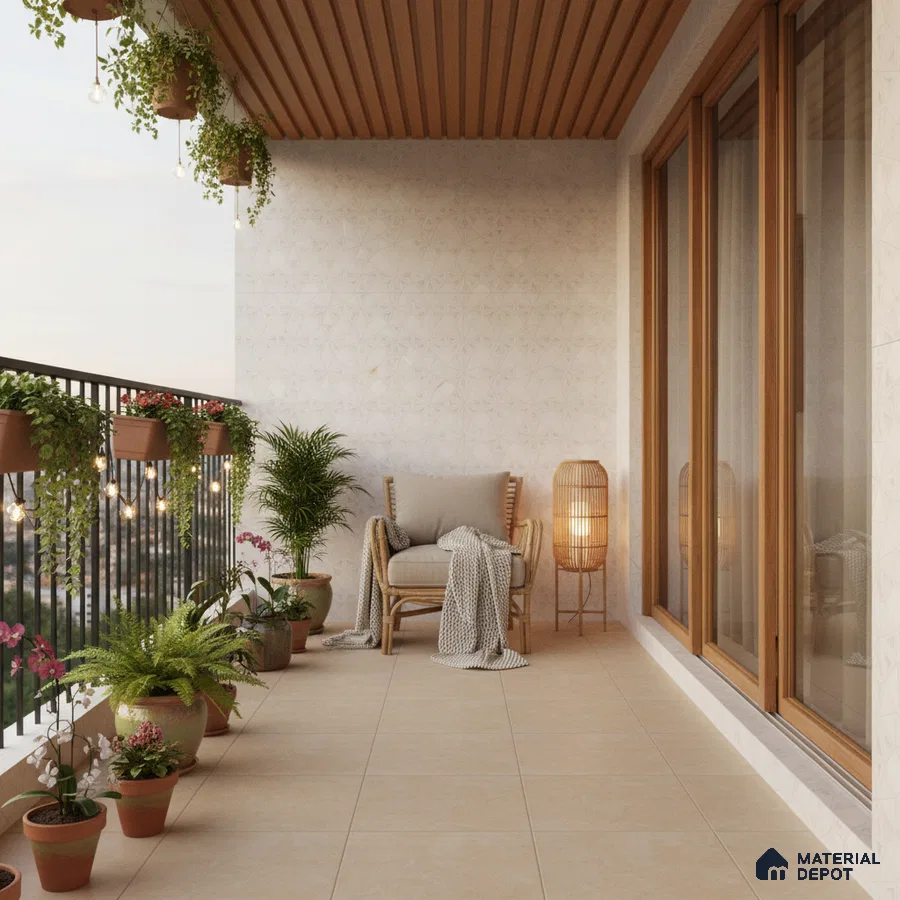Scandinavian balcony with beige floor tiles, wooden ceiling panels, and patterned wall tiles