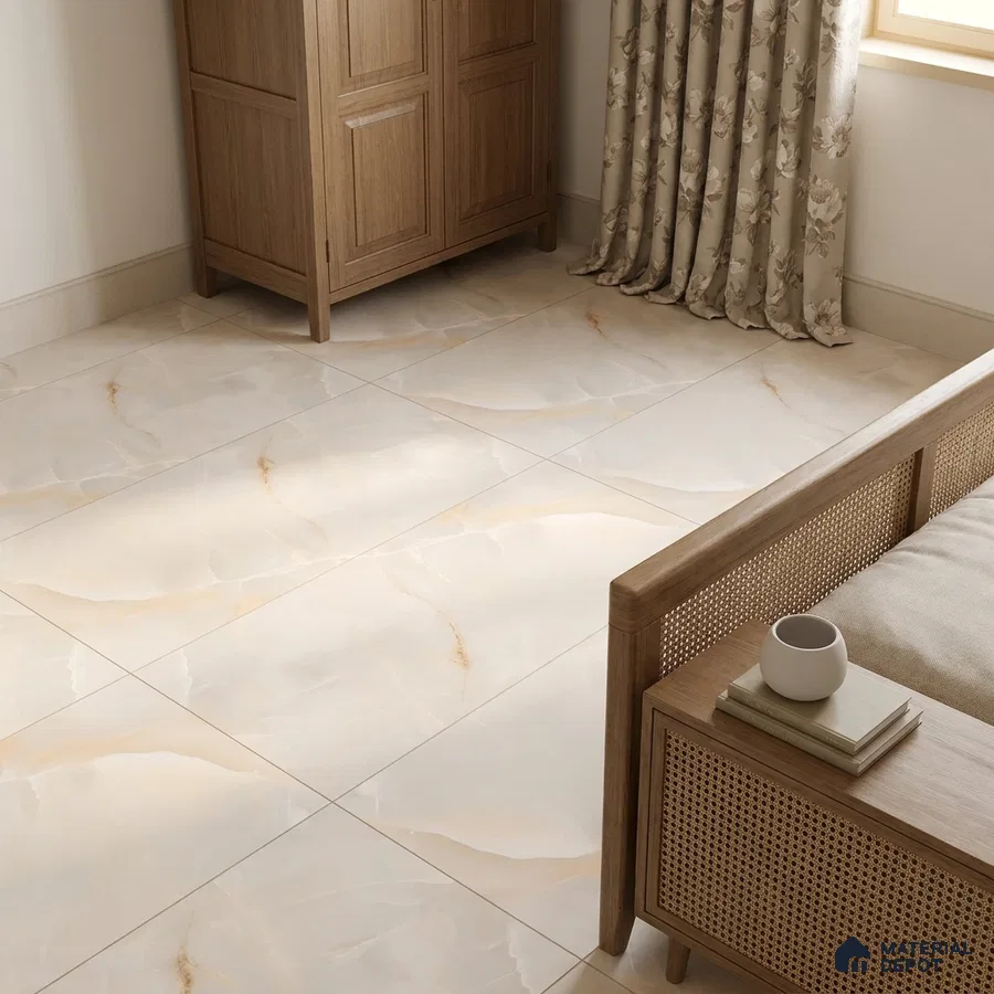Minimalist Bedroom with Ivory Onyx-Look Marble Floor Tile