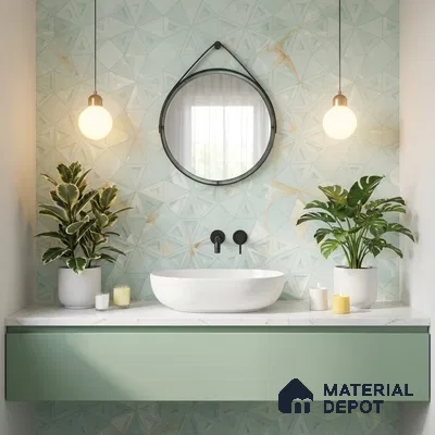 Modern bathroom with mint green geometric wall tiles and pastel green floating vanity