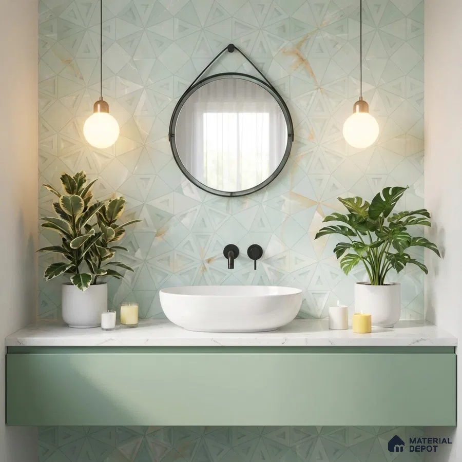 Modern bathroom with mint green geometric wall tiles and pastel green floating vanity