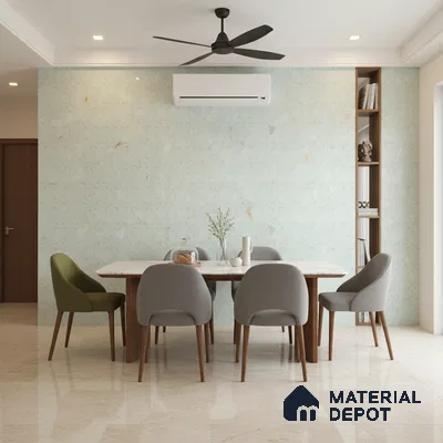 Modern dining room with geometric pastel wallpaper, marble dining table, and beige marble floor tiles