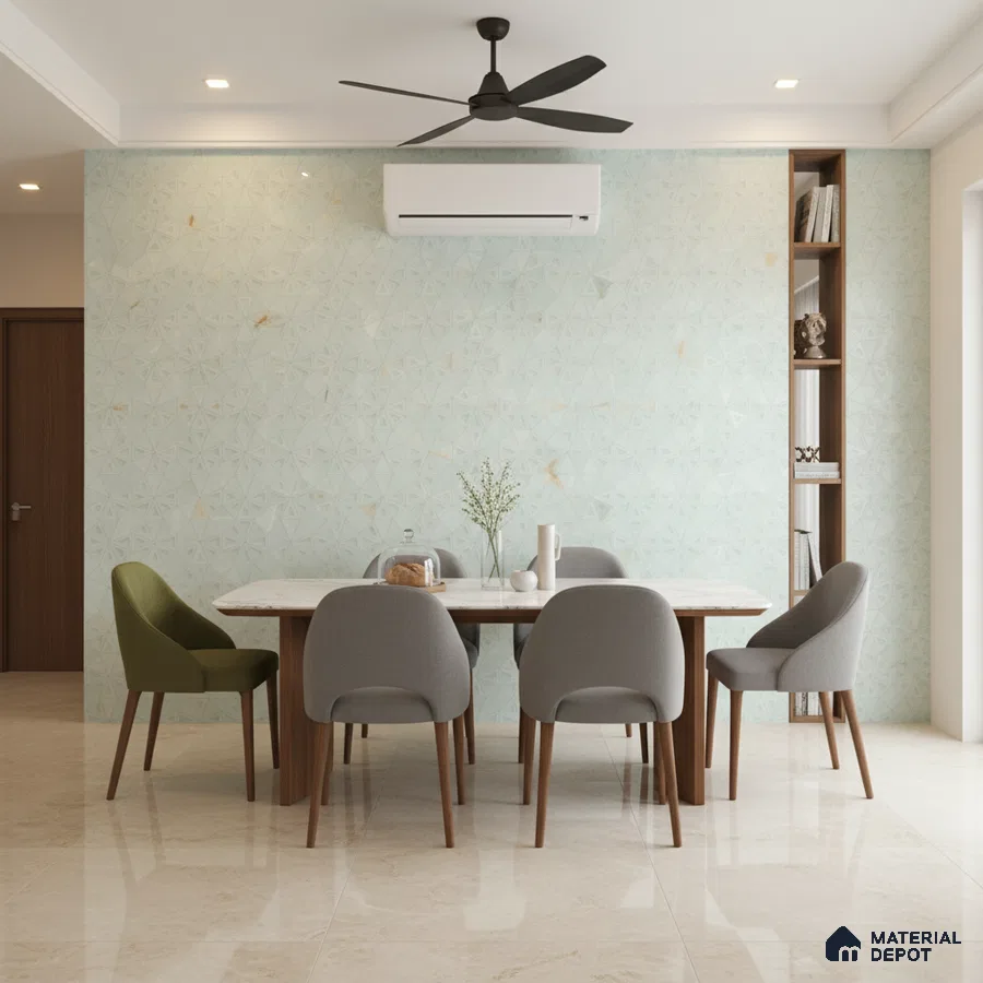 Modern dining room with geometric pastel wallpaper, marble dining table, and beige marble floor tiles