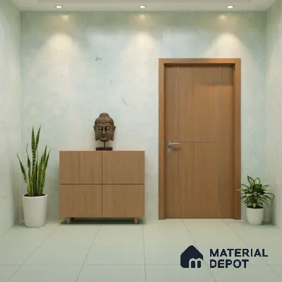 Minimalist foyer with light wood laminate cabinet, geometric patterned wallpaper, and pale green floor tiles