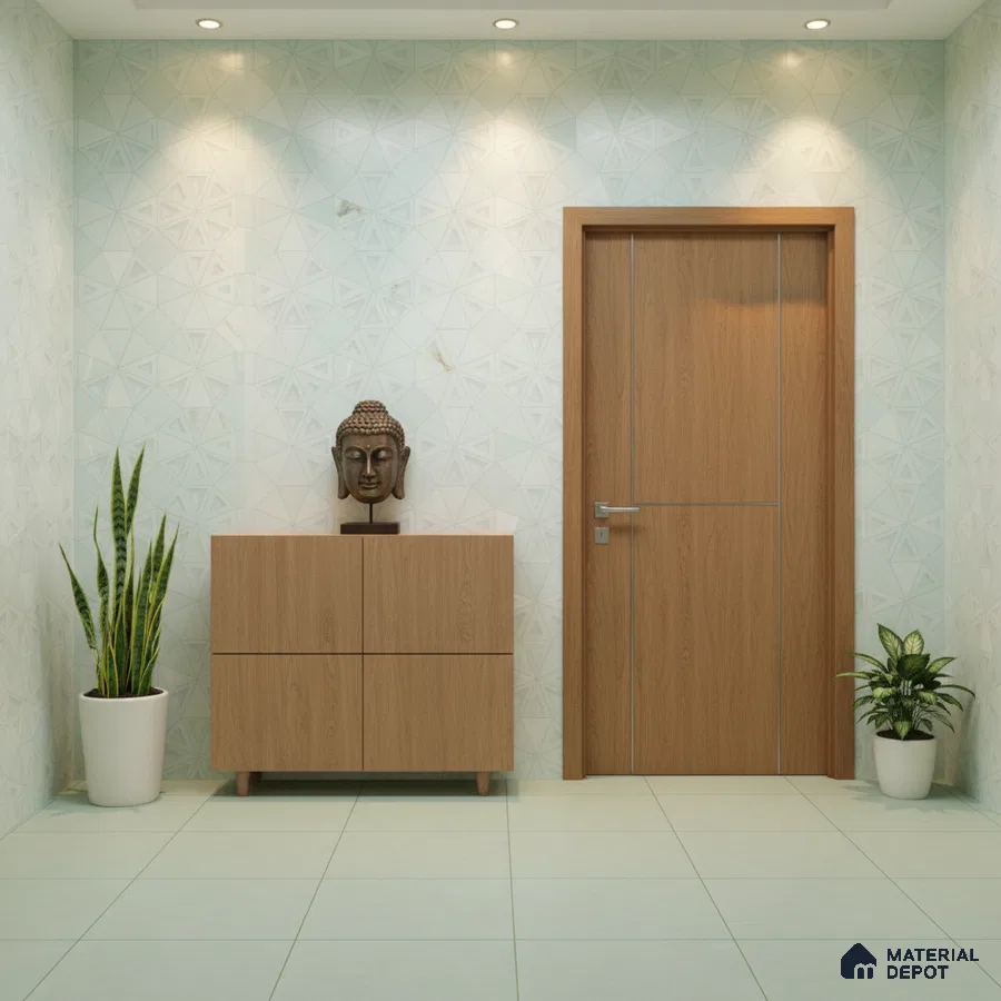 Minimalist foyer with light wood laminate cabinet, geometric patterned wallpaper, and pale green floor tiles