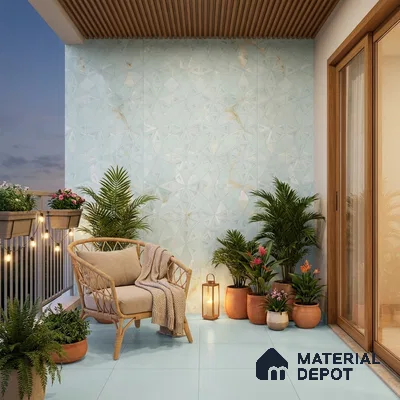 Scandinavian balcony with pastel blue geometric wall tiles, light blue floor tiles, and wooden ceiling louvers