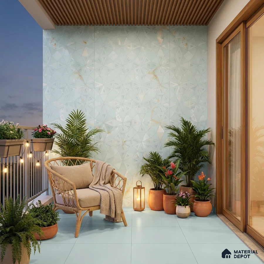 Scandinavian balcony with pastel blue geometric wall tiles, light blue floor tiles, and wooden ceiling louvers