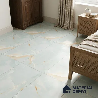 Modern Bedroom with Aqua Blue Onyx-Look Marble Floor Tile