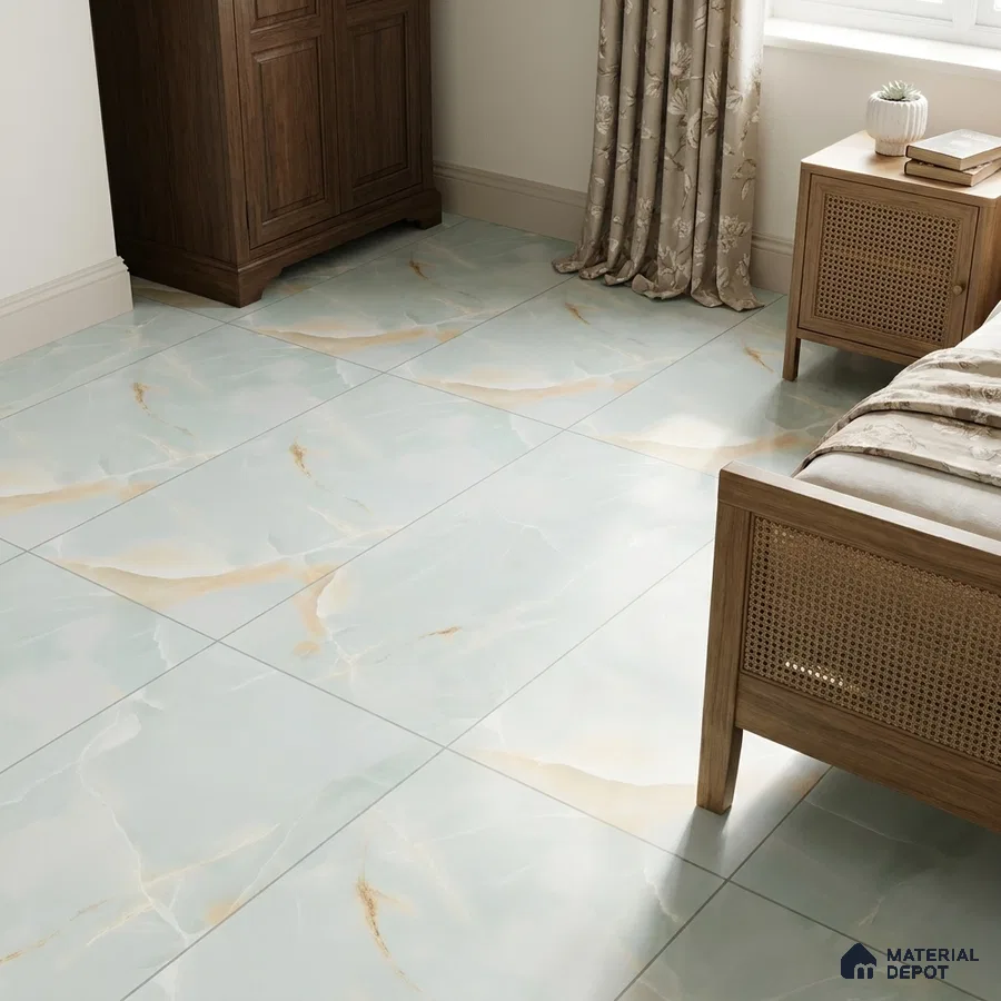 Modern Bedroom with Aqua Blue Onyx-Look Marble Floor Tile