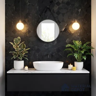 Modern bathroom with black geometric 3D wall tiles and white marble countertop vanity