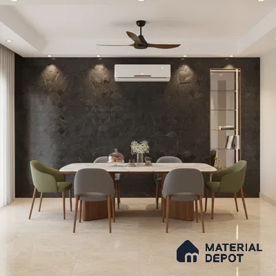 Modern dining room with black geometric stone accent wall and beige marble floor tiles