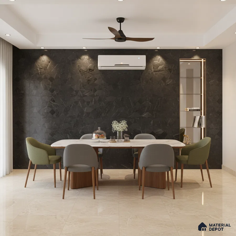 Modern dining room with black geometric stone accent wall and beige marble floor tiles