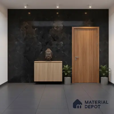 Modern foyer with black geometric marble wall tile, light oak laminate console, and grey floor tiles