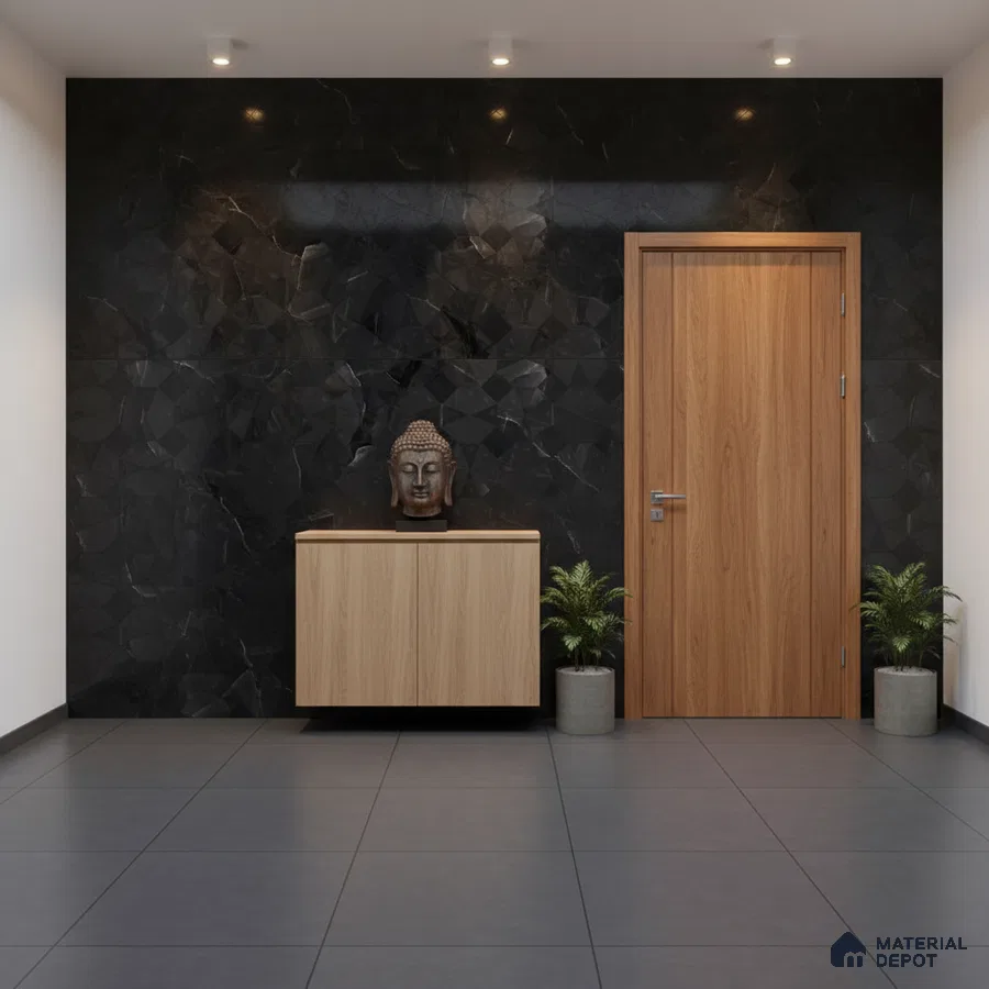 Modern foyer with black geometric marble wall tile, light oak laminate console, and grey floor tiles