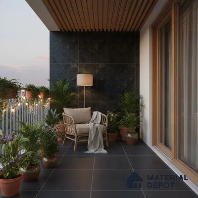 Modern balcony with black stone wall tiles, matte black floor tiles, and wooden ceiling louvers