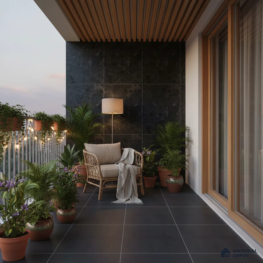 Modern balcony with black stone wall tiles, matte black floor tiles, and wooden ceiling louvers