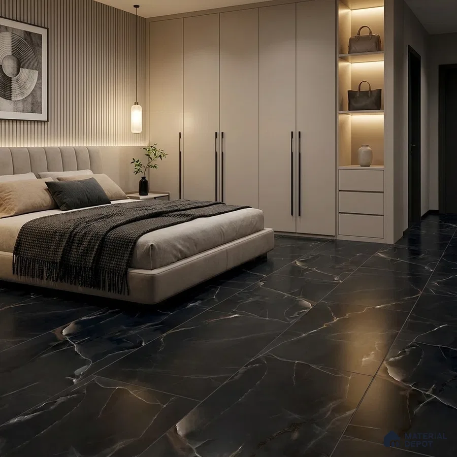 Modern Bedroom with Black Marble-Look Floor Tile and Gold Veins