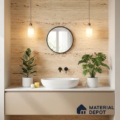 Minimalist bathroom with travertine wall tile and beige floating vanity