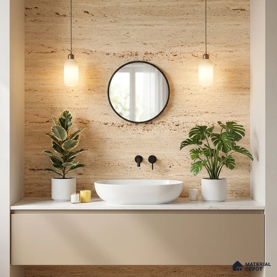 Minimalist bathroom with travertine wall tile and beige floating vanity
