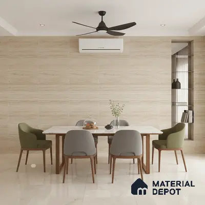 Modern dining room with beige travertine-look wall tiles and marble floor tiles