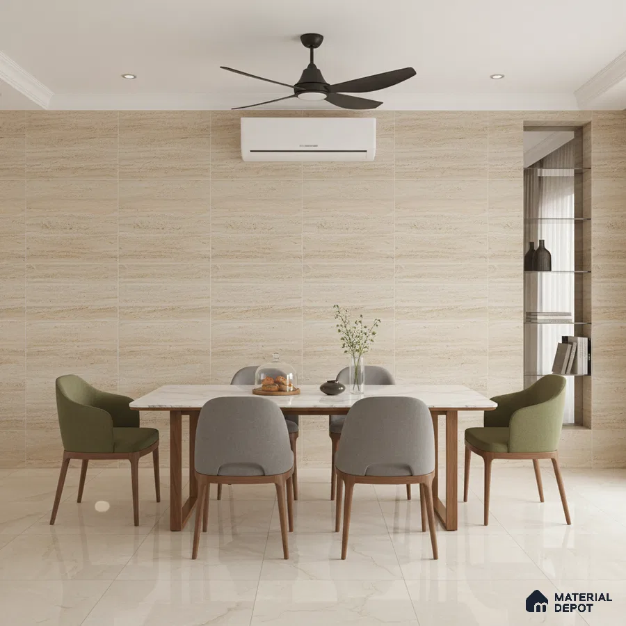 Modern dining room with beige travertine-look wall tiles and marble floor tiles