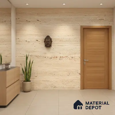 Minimalist foyer with travertine stone wall, light oak laminate cabinetry, and beige floor tiles