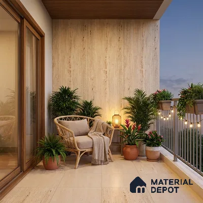 Scandinavian balcony with beige travertine wall tiles, light beige floor tiles, and wooden ceiling louvers