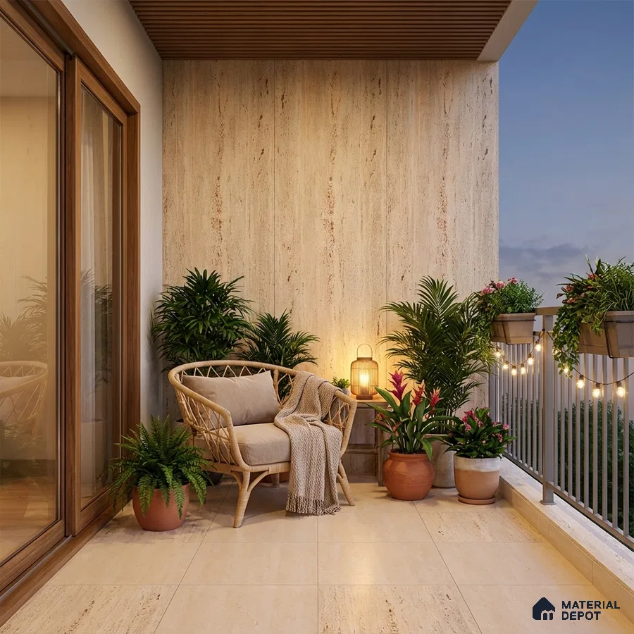 Scandinavian balcony with beige travertine wall tiles, light beige floor tiles, and wooden ceiling louvers