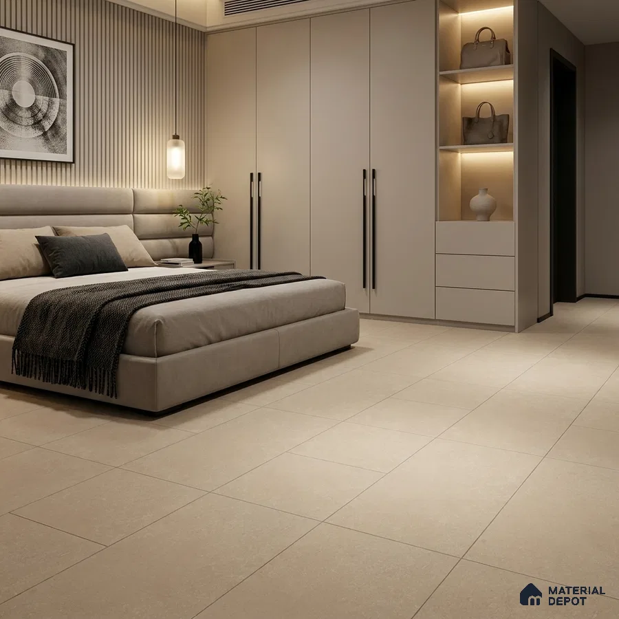 Minimalist Bedroom with Warm Greige Matte Plain Floor Tile