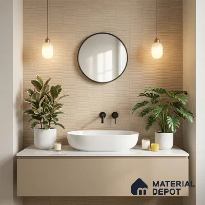 Minimalist bathroom with beige textured wall tiles and matte beige vanity