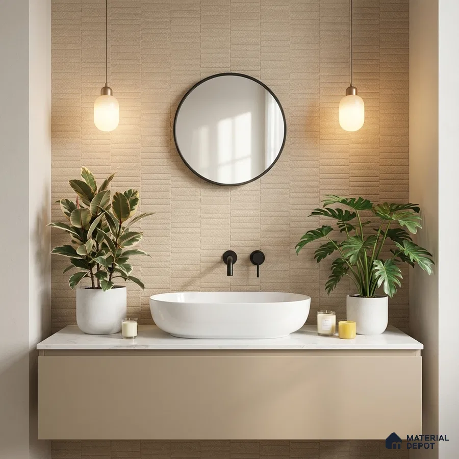 Minimalist bathroom with beige textured wall tiles and matte beige vanity