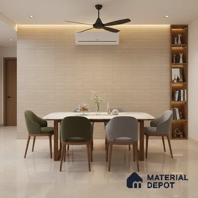 Modern dining room with beige textured wall tile, marble dining table, and glossy cream floor tiles