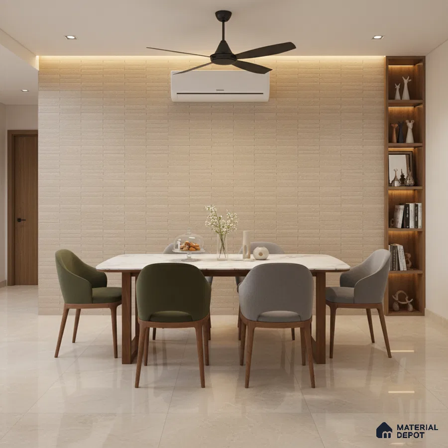 Modern dining room with beige textured wall tile, marble dining table, and glossy cream floor tiles