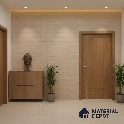 Minimalist foyer with beige textured wall tile, walnut wood laminate console, and large format beige floor tiles