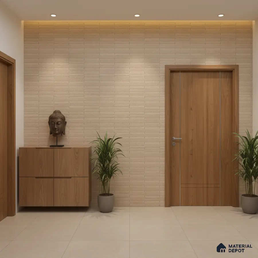 Minimalist foyer with beige textured wall tile, walnut wood laminate console, and large format beige floor tiles