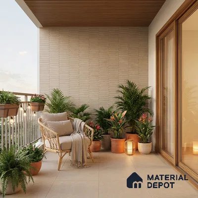 Scandinavian balcony with beige textured wall tile, wooden ceiling louvers, and large beige floor tiles