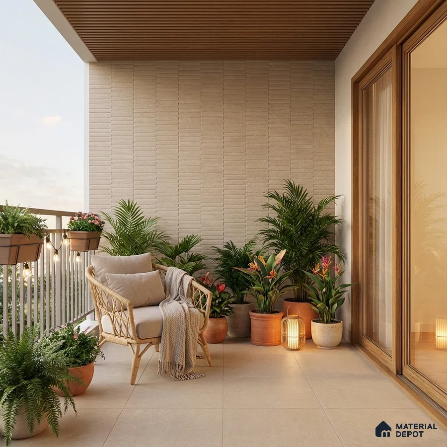 Scandinavian balcony with beige textured wall tile, wooden ceiling louvers, and large beige floor tiles