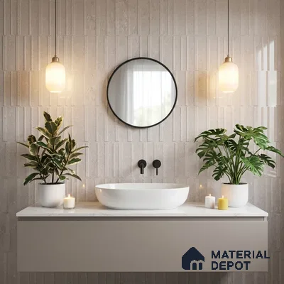 Minimalist bathroom with textured beige wall tiles and white marble countertop vanity