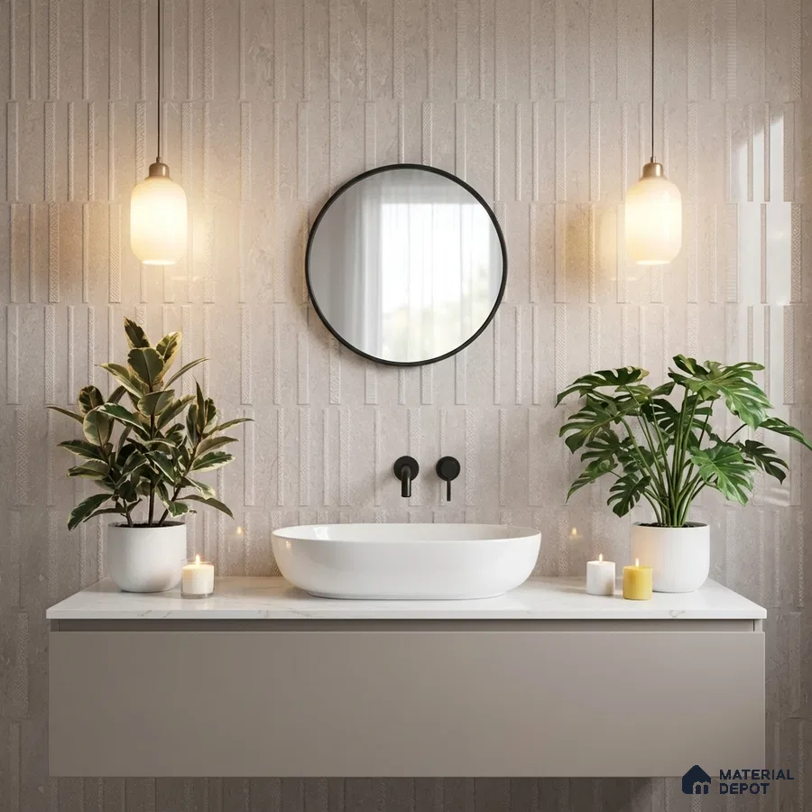 Minimalist bathroom with textured beige wall tiles and white marble countertop vanity
