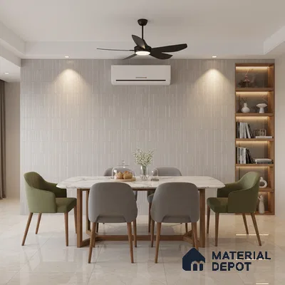 Modern dining room with marble top table, beige textured wall tile, and glossy marble floor tile