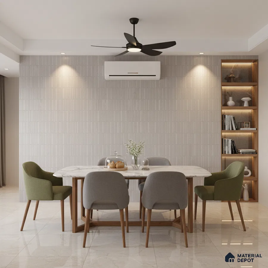 Modern dining room with marble top table, beige textured wall tile, and glossy marble floor tile