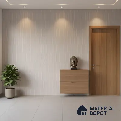 Minimalist foyer with light wood laminate console, beige textured wall panels, and large format grey floor tiles