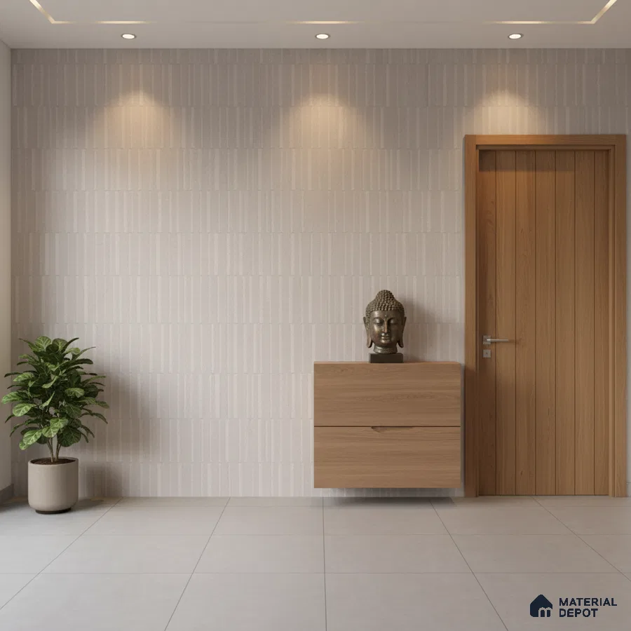 Minimalist foyer with light wood laminate console, beige textured wall panels, and large format grey floor tiles